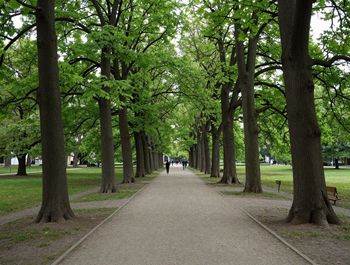 Grüner Stadtpark mit alten Bäumen und ruhigen Wegen an einem bewölkten Tag, wenige Menschen in der Ferne, Licht fällt durch das dichte Blätterdach, ruhige urbane Naturszene