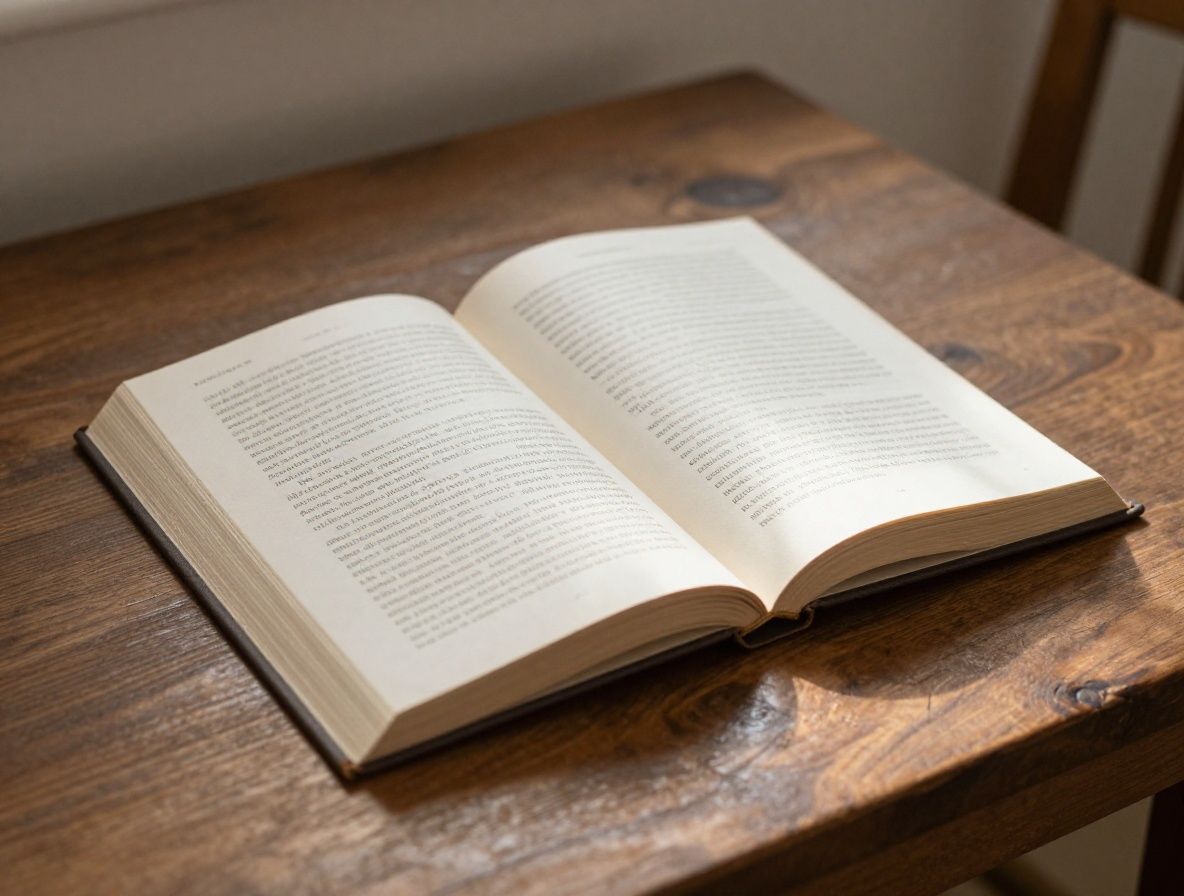 Gemütlicher Lesewinkel mit weichem Tageslicht, offenes Buch auf einem Holztisch, leere Stühle, friedliche ruhige häusliche Atmosphäre